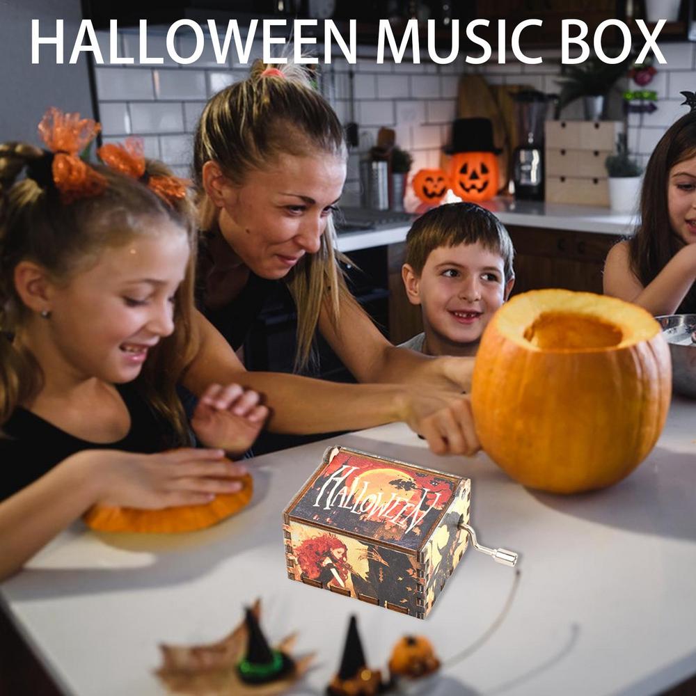 Halloween Music Box Engraved Wooden Music Box Hand Crank Musical Box Halloween Tune Music Box Exquisite Home Decor For Halloween