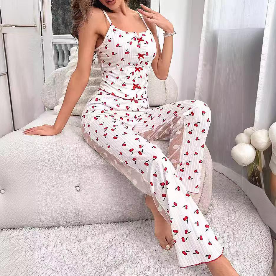 

European & American Mesh Print Pajama Set: Women s Two-Piece Homewear XXL