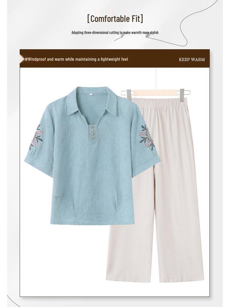 Chinese Style Cotton Linen Summer Shirt & Pants Set for Middle-aged Women