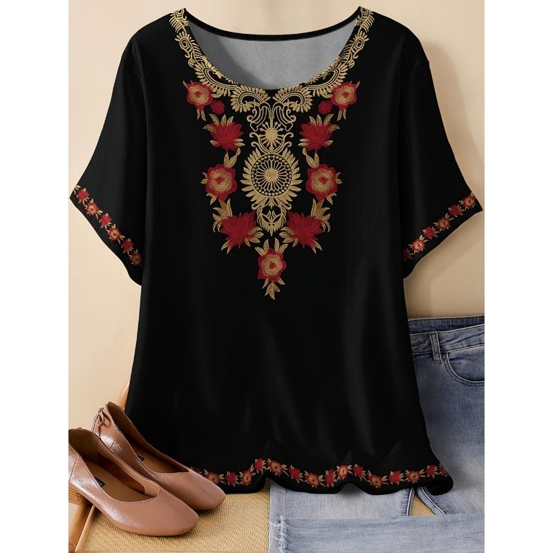 2026 Trend Summer Ethnic Graphic Print T-Shirt Round Neck Comfortable Short Sleeve Tshirt Oversized Tees Tops Women's Clothing