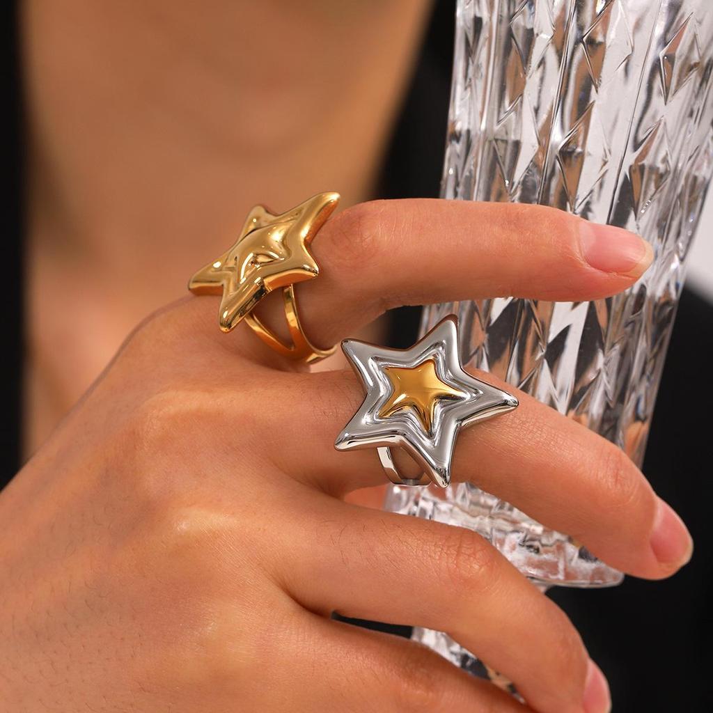 Stainless Steel Gold & Silver Star Pendant Necklace with Open Ring & Star Earrings