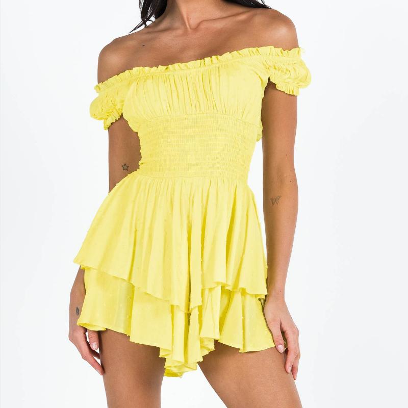 Off Shoulder Short Sleeve Lace Casual Dress Women Summer Slim Sexy Short Dress Woman High Waist Layered Ruffle Dresses 27780