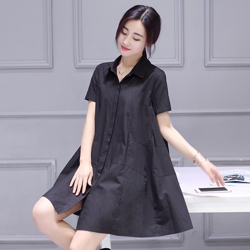 Damen Sommer Chiffon Hemdkleid - Kurzärmelig, Mittellang, Locker, Bauchkaschierend, Koreanischer Stil