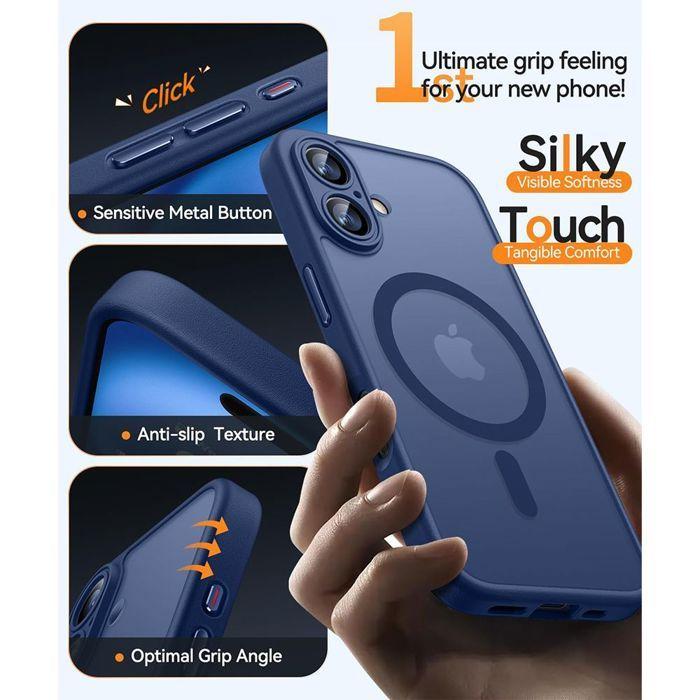 Coque de Protection - BOOLING - pour iPhone 16 - avec Anneau Magnétique et Film Caméra - Bleu Marine