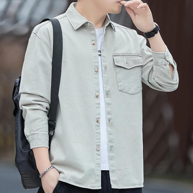2026 Spring Autumn Men Cotton Cargo Shirts Men Casual Soild Color Shirts Male Long Sleeve Shirt Fashion Slim Fit Shirt