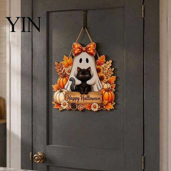Decorative Wood Board Halloween Wooden Hanging Sign, Happy Door Sign with Gnomes/Ghosts, Retro Ornament for Shop Autumn Harvest Festival Wall