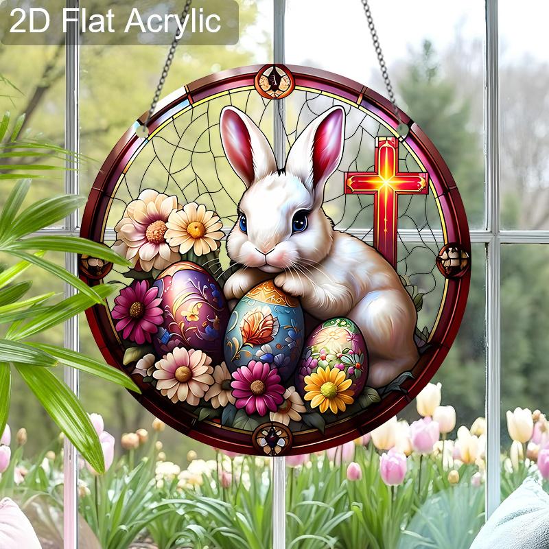Acrylic Easter Bunny Cross Suncatcher Stained Glass Effect Window Hanging Ornament Easter Religious Gifts