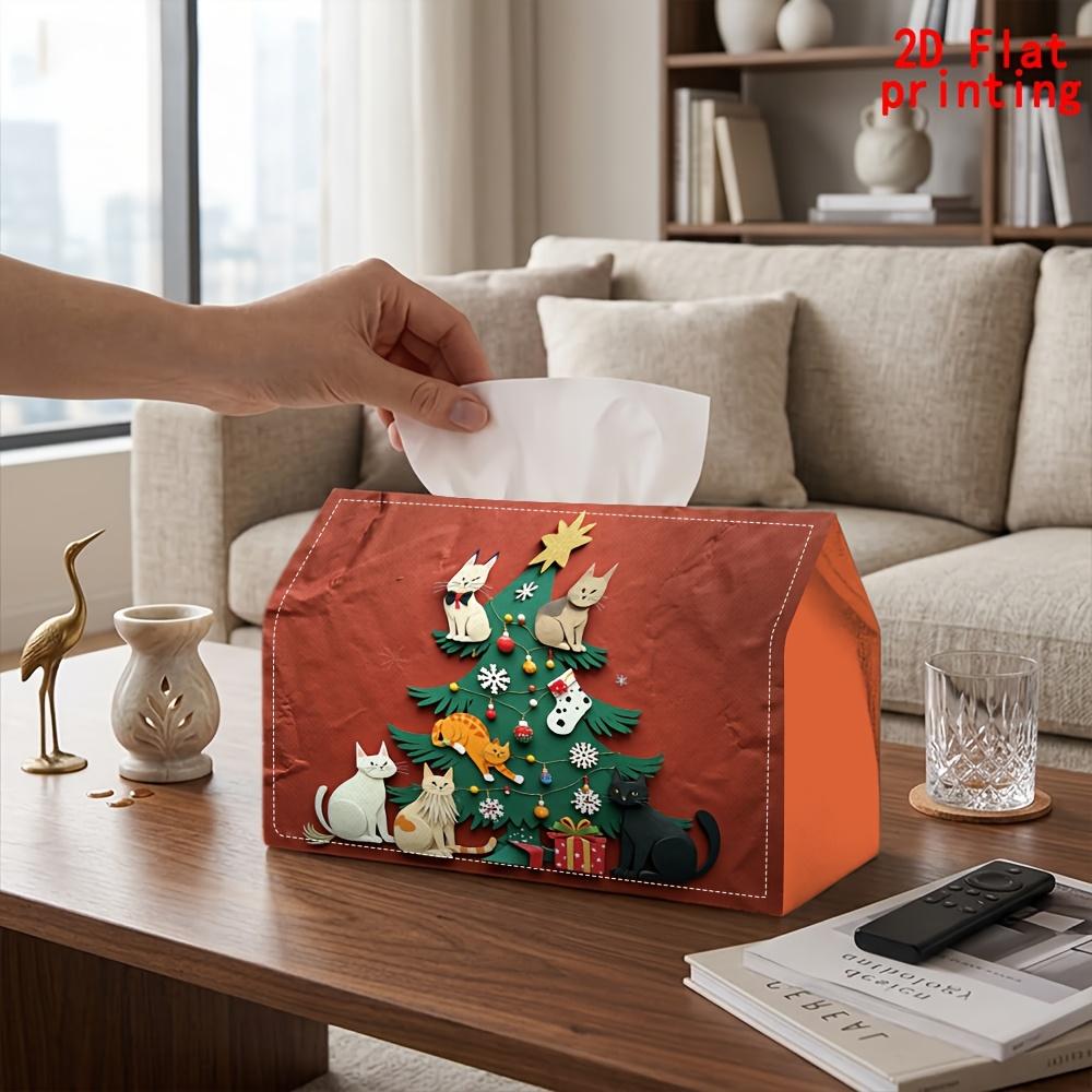 2D Flat 1pc, Tissue Box. Christmas Tree And Cat Pattern Napkin Dispenser, Reusable, Daily Desktop Tissue Organizer, Suitable for Kitchen Living Room B