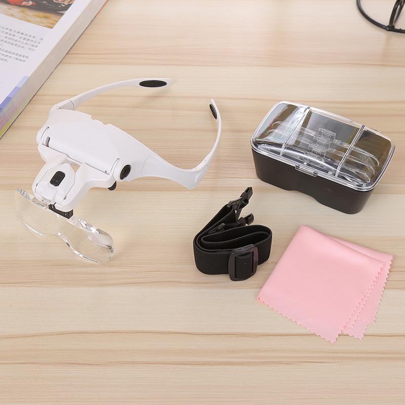 2-LED Visor Magnifier Glasses Magnifying Glass Repair Jeweler Magnifier 5 Replaceable Lens Headband