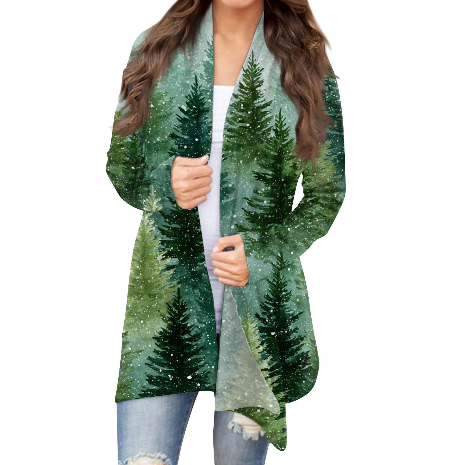 

Women s Fashion Christmas Print Jacket Long Sleeve Casual Cardigan Coat XL зелений