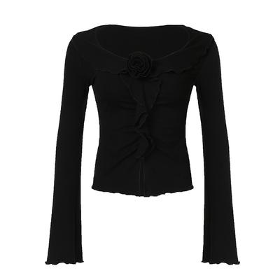 Ruffled Three-dimensional Rose Curly Slit Flared Sleeves Short Top with Gentle Temperament Slim and Versatile Slim Long Sleeves