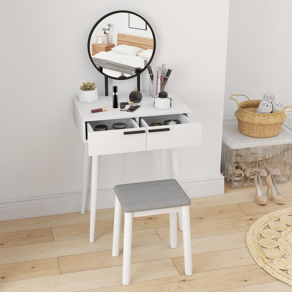 Modern Dressing Table with Round Mirror and Stool, Makeup Vanity Table with 2 Drawers for Bedroom, Living Room, 60 x 40 x 123 cm, White