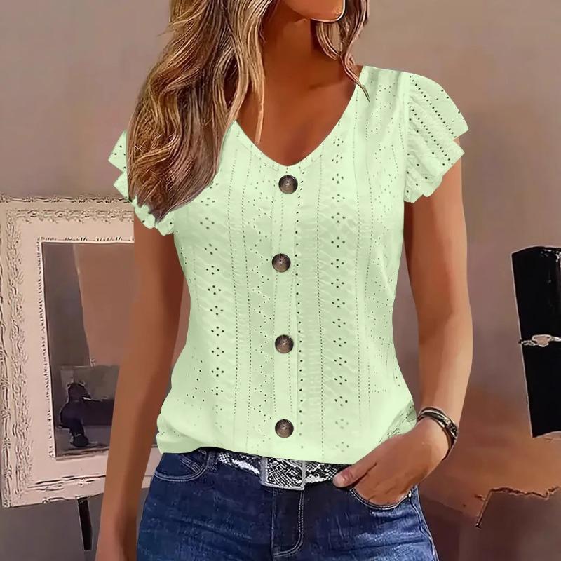 New Summer Jacquard V-neck Lace Blouse Women Solid Color Buttons T-shirt Short Sleeve Casual Top Fashion Woman Sweet Simple Elegant Shirts Loose