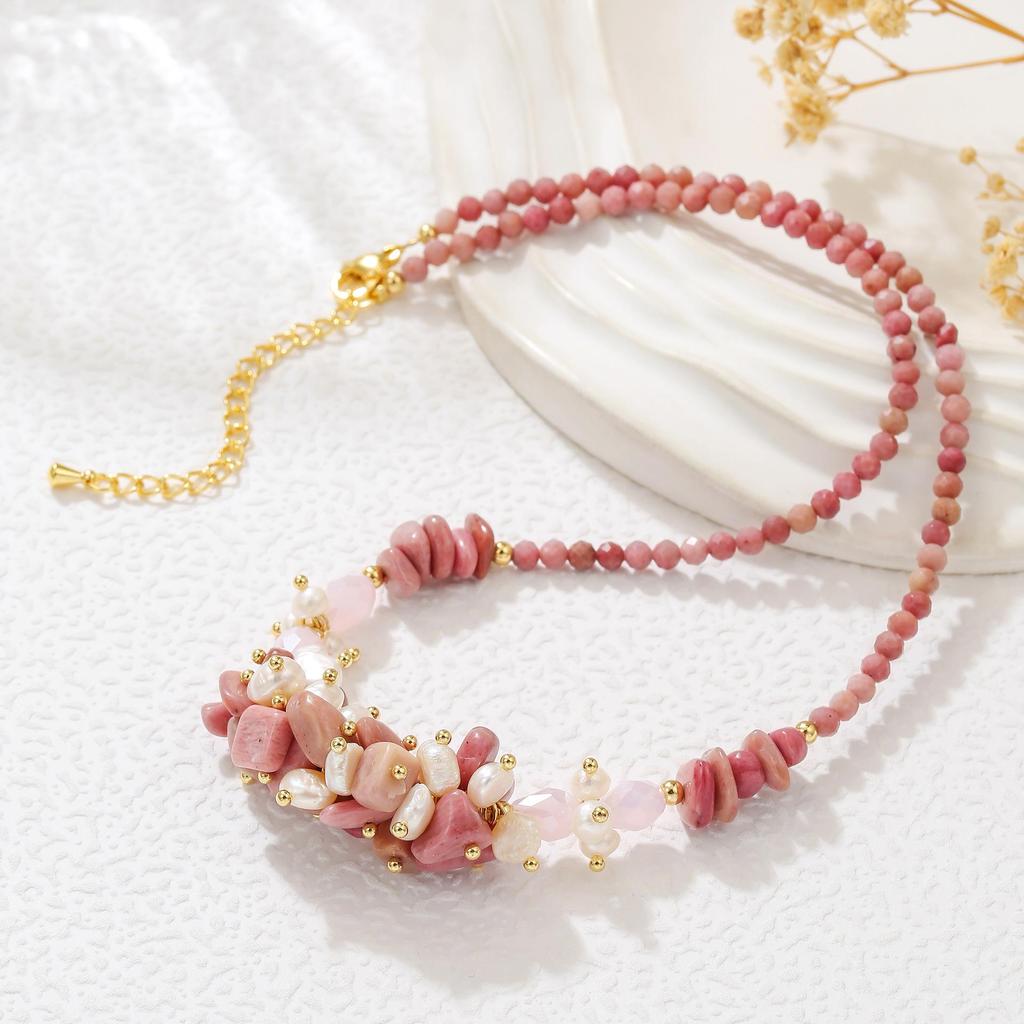 Rose Quartz Pink Crystal & Freshwater Pearl Sweater Chain Necklace - Autumn & Winter Luxury Design