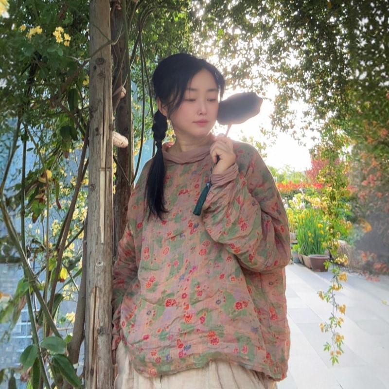 Johnature Women Vintage Print Floral T-Shirts O-Neck Long Sleeve Autumn High Quality Female Loose T-Shirts