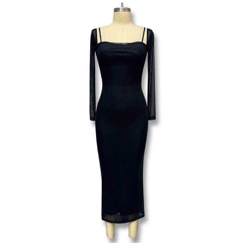 Fashion Ins Sexy V-neck Low-Cut Mesh Long Sleeves Silm Hip Split Dress Sexy See-through Waist-Slimming Long Dress