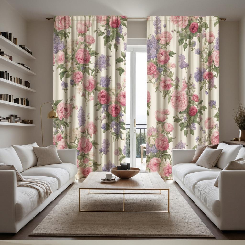2Pcs Glam Style Floral Printed Curtains, Semi-Sheer Polyester Drapes With Rod Pocket, Machine Washable, Decorative Unlined Windo