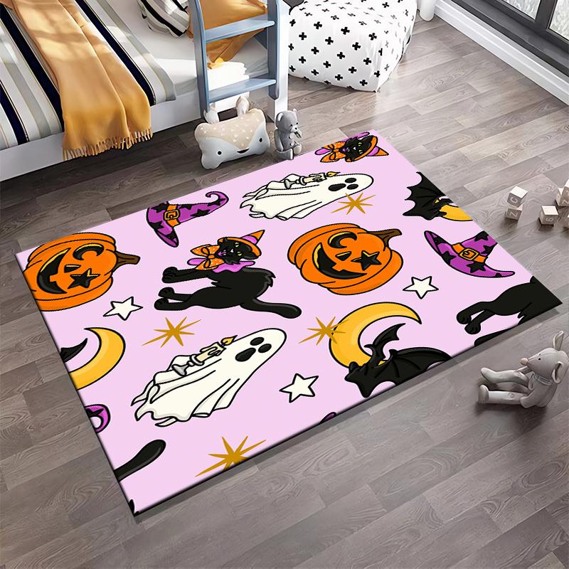 Halloween Theme: Cats, Ghosts, Pumpkins Non-slip Rug Suitable for Living Room and Bedroom Sofas.