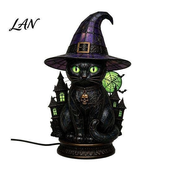 Fantasy Cat Shaped Table Lamp Black Witch Hat Lamp, with Dreamy Purple Light, Pink Ambient Desk Light Gothic Retro Halloween Ornament, for Bedroom