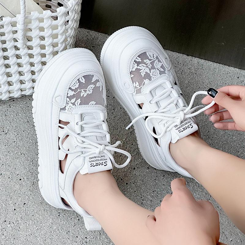 Leather lace gauze summer new thick-soled hollow sports and leisure board shoes