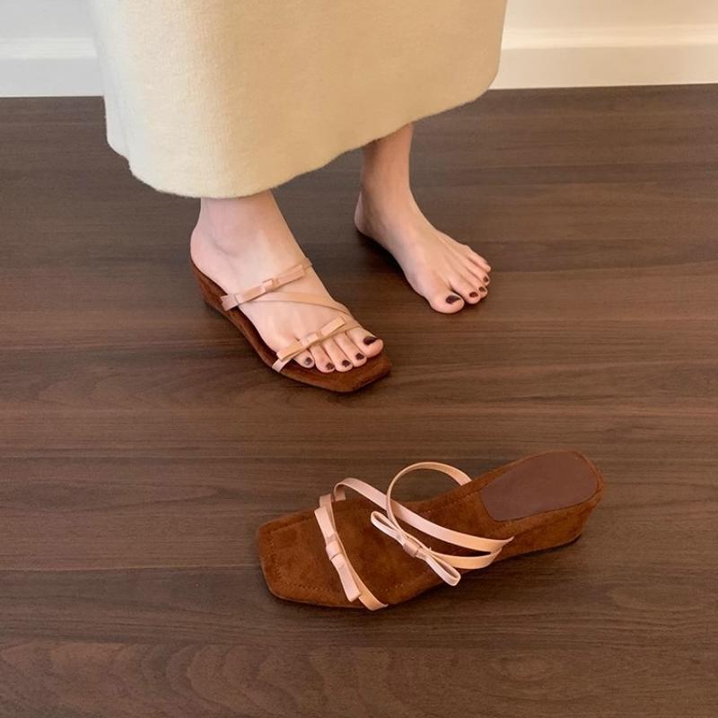 Fashion Summer Open Toe Bow Women's Slippers 2025 New Fashion Wedge High Heels Stripper Party Sliding Shoes Women Zapatos De Mujer