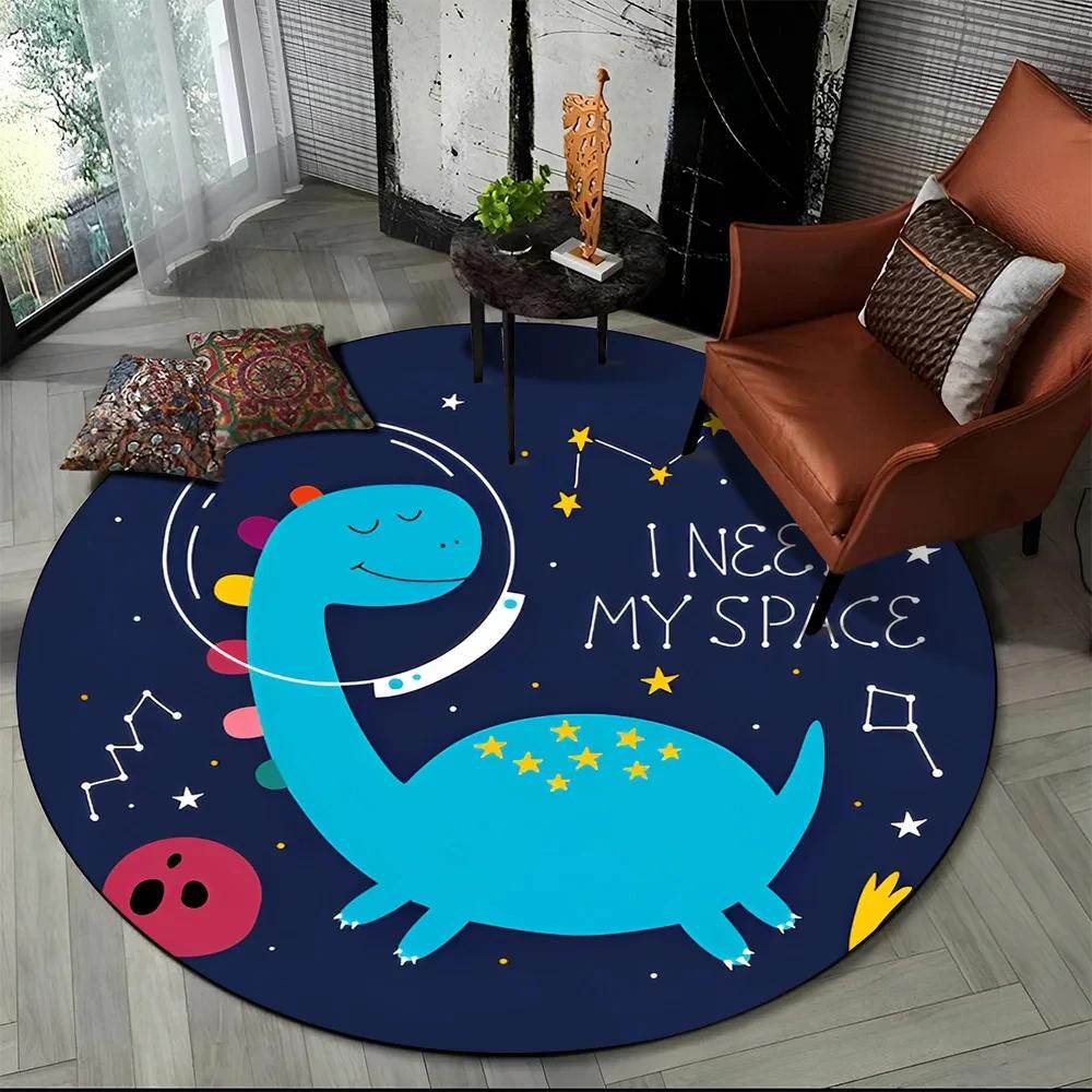 Cartoon Dinosaur Round Carpet Outer Space Cute Dino Area Rug for Living Room Bedroom Sofa Decor Non-slip Children's Crawling Mat