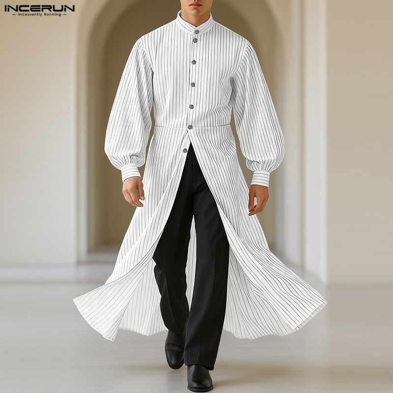 INCERUN Oversized Men Stand Collar Puff Sleeve Striped Print Buttons High Splits Long Shirts