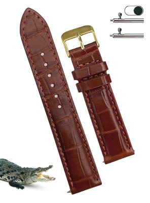Bracelet de montre Vinacreations 18mm Marron Crocodile avec Barrette à Ressort à Dégagement Rapide de Rechange Bracelet de Montre Alligator avec Or Fait Main pour Hommes Barres, Boucle,