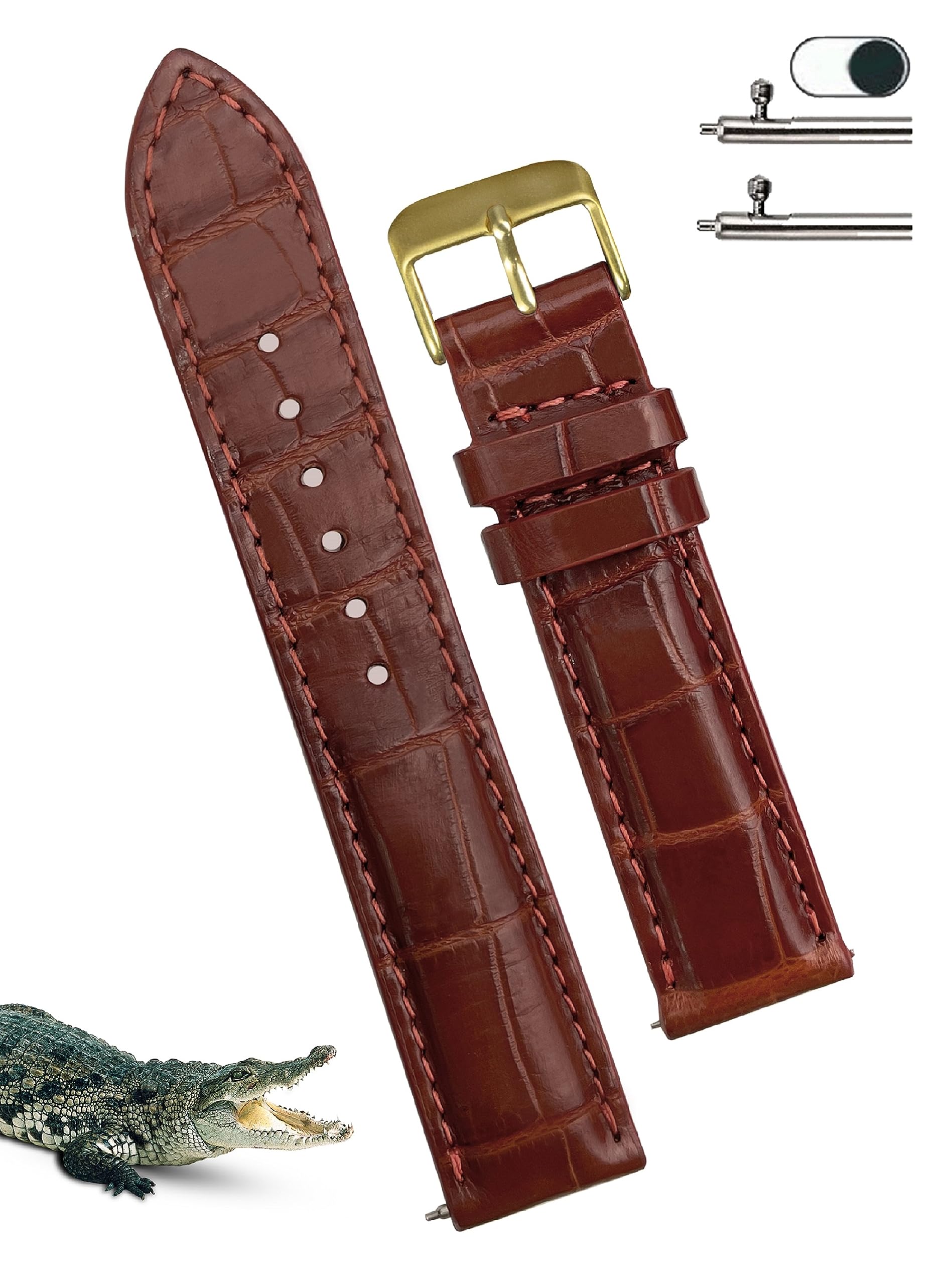 

Vinacreations 18mm Brown Crocodile Watch Strap with Quick Release Spring Replacement Alligator Watch Band with Gold Handmade for Men Bars, Buckle,