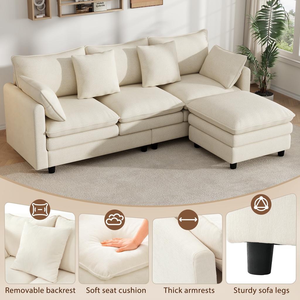L-Shaped Corner Sofa with 4 Cushions and 3 Backrests, 3-Seater Sofa with Chaise Longue, Capacity Up To 120 Kg, Living Room Sofa 212×150×90 Cm, Beige