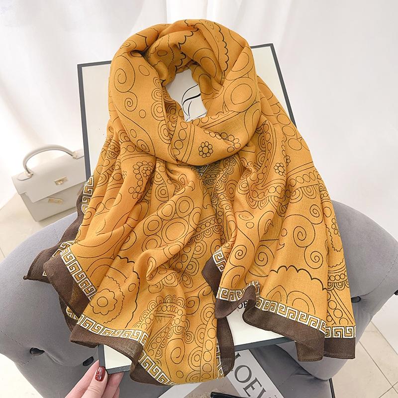 Retro Designer Plant Flower Print Scarf Women's Thin Exterior with Premium Air-conditioned Room Shawl