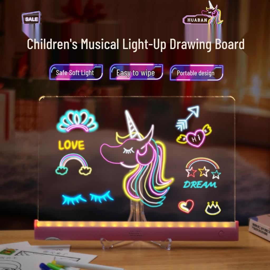 Rechargeable Light-Up DIY Acrylic Drawing Board for Kids - Erasable and Cartoon-Themed Painting Set