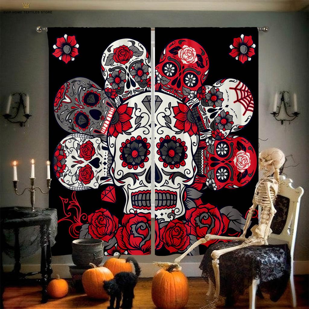 Creative Skull Flower 3D Printing Curtain, Bedroom, Living Room, Restaurant, Halloween Party Decoration, 2 Pieces