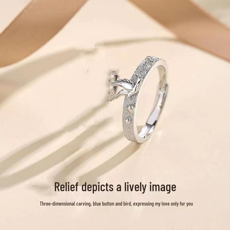 New Blue Eucalyptus & Bird Couple Rings for Women & Men: Niche Design, Light Luxury Wedding Bands, Perfect Christmas Gift