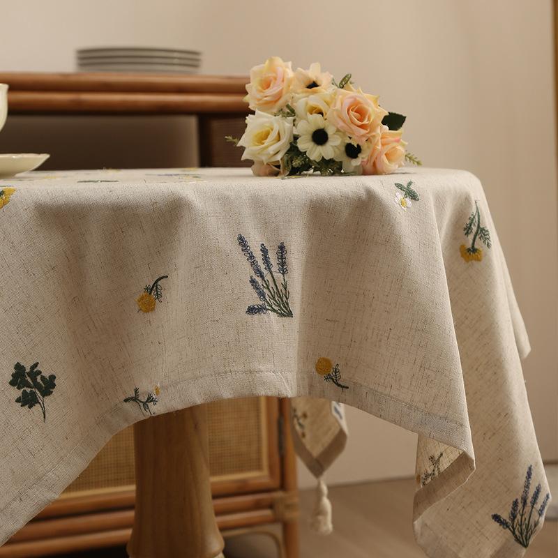 Linen Tablecloth with Embroidered Ear of Wheat for Kitchen Living Room Dining Table Festive Gathering Table Decor