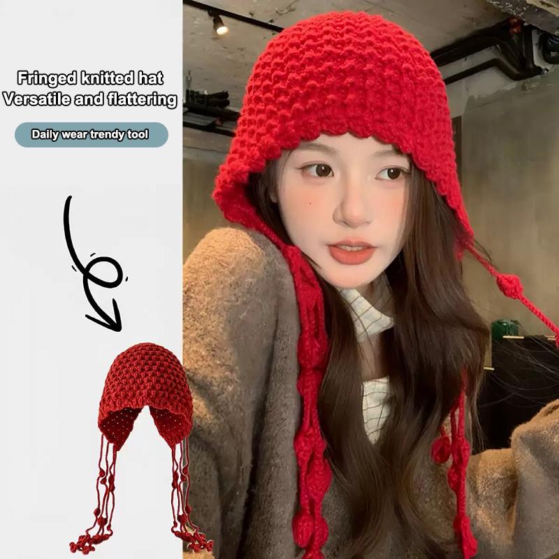 Autumn And Winter Warm Wool Hat Hand-Woven Hollow Bag Hat Women'S Ethnic Style Fringed Ear Protector Knitted Hat