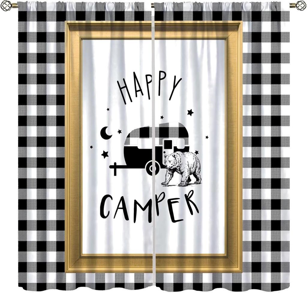 Retro Happy Camper Curta,Rustic Wood Plank Camping Travel Trailer Blackout Rod Pocket Window Curtain,For Boys Girls Living