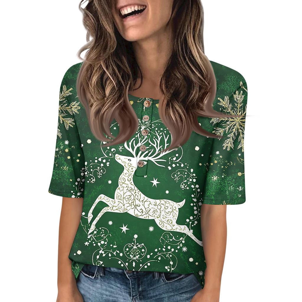 Trendige Damen-T-Shirts mit Rundhalsausschnitt und Knopfleiste, bedruckte Bluse, Halbarm-Oberteile für Damen