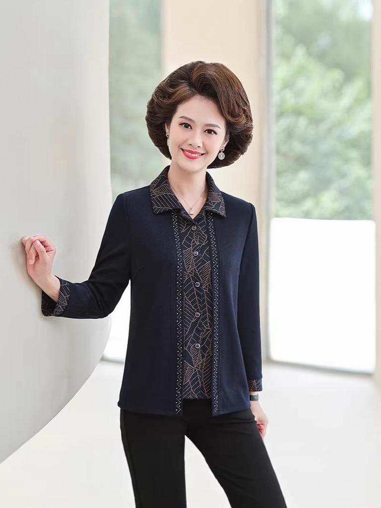 Grandma Autumn Long Sleeve Two-Piece Cardigan Top for Middle-Aged Women