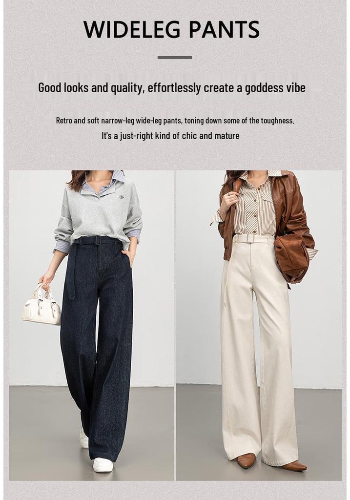 Retro Wide-Leg Women's Jeans with Belt - Floor-Length, Simple, Versatile Korean Style