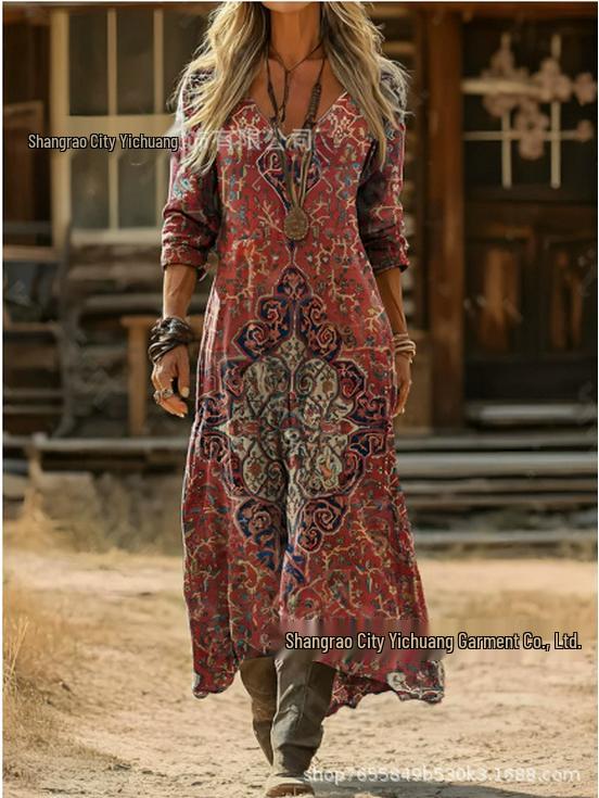 2026 Spring Retro V-neck Long-sleeved Plus Size Dress