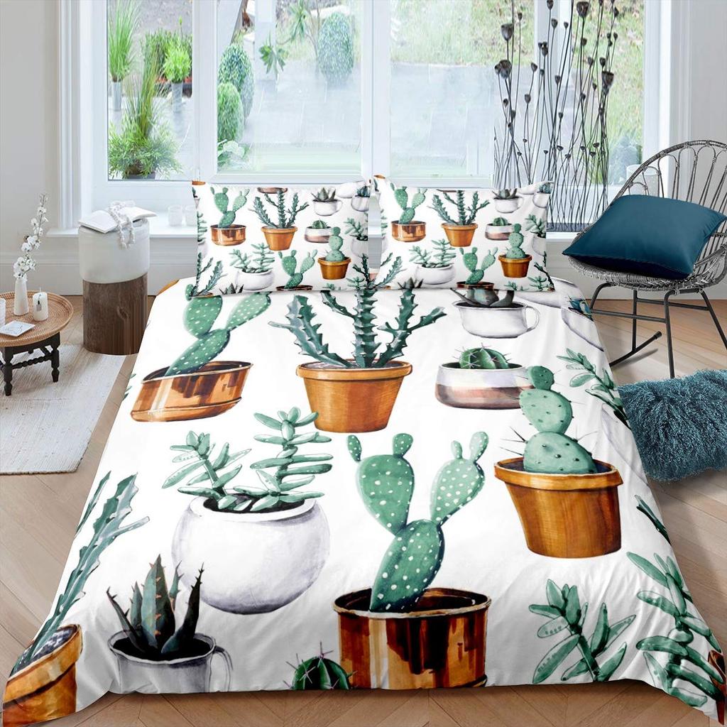 Floral Bedding Set 3pcs Cactus Succulents and Flowers Decor Comforter Cover Plant Soft Polyester Quilt Cover with 2 Pillow Cases