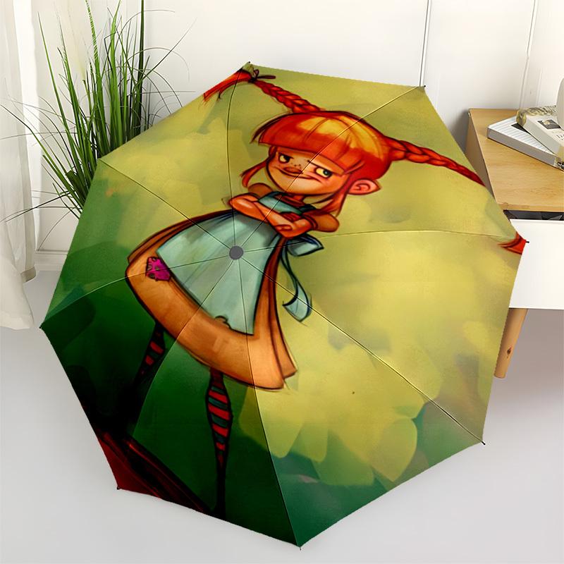 1PC Pippi Longstocking Automatic Folding Umbrella - Compact 8-Rib Design, Durable Plastic & Iron,  F010619