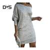 Women Evening Dress Shiny Sequin Slant Neck One Shoulder Three Quarter Sleeve Loose Above Knee Mini Dress Prom Party Dress