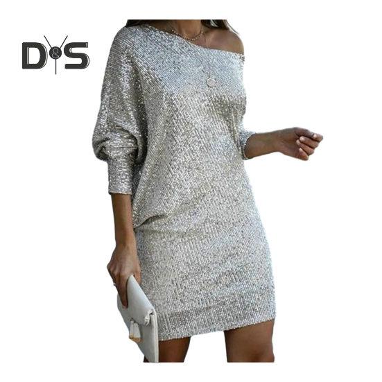 Women Evening Dress Shiny Sequin Slant Neck One Shoulder Three Quarter Sleeve Loose Above Knee Mini Dress Prom Party Dress