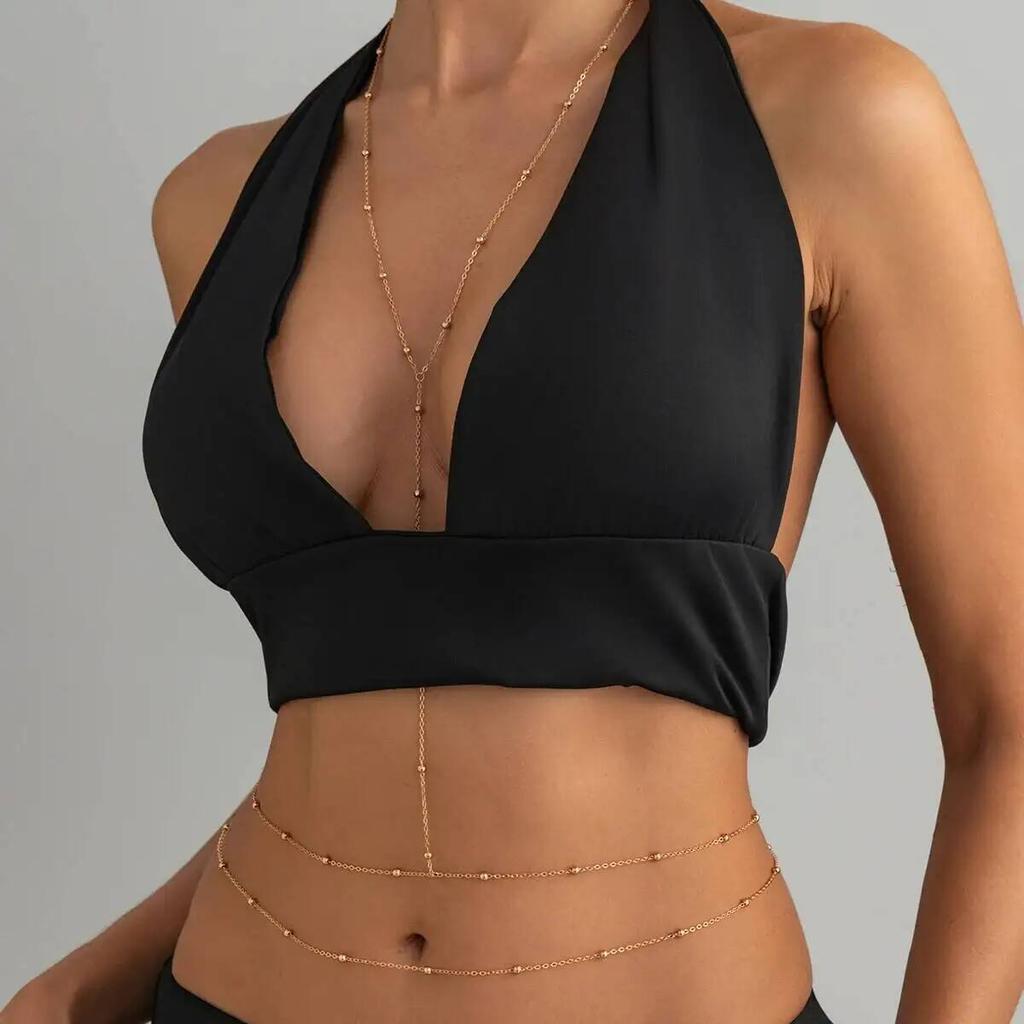 SHIXIN Sexy Minimalistisch Goldfarben Metall Dünne Taillenkette für Damen Trendige Sommer-Bikinis Gestapelte Perlen Bauch Körperkette Schmuck