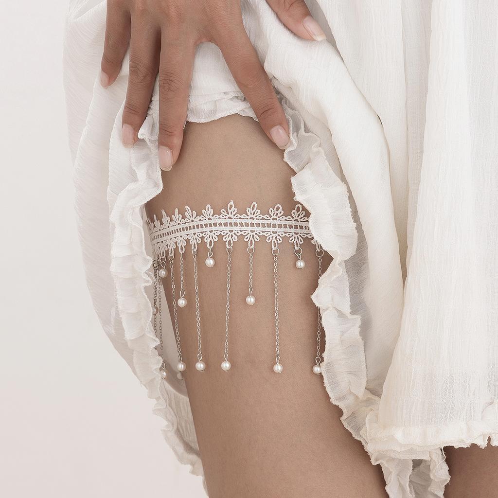 Ingemark Elegant Imitation Pearl Tassel Leg Thigh Chain for Women Elastic Bandage Garter Belt Body Jewelry Wed Accessories Gift