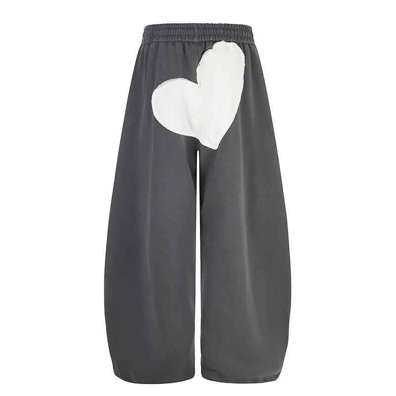 Mens Drawstring Sweatpants 2026 Vintage American Style Wide Leg Pants With Heart Patch Embroidery Casual Trousers
