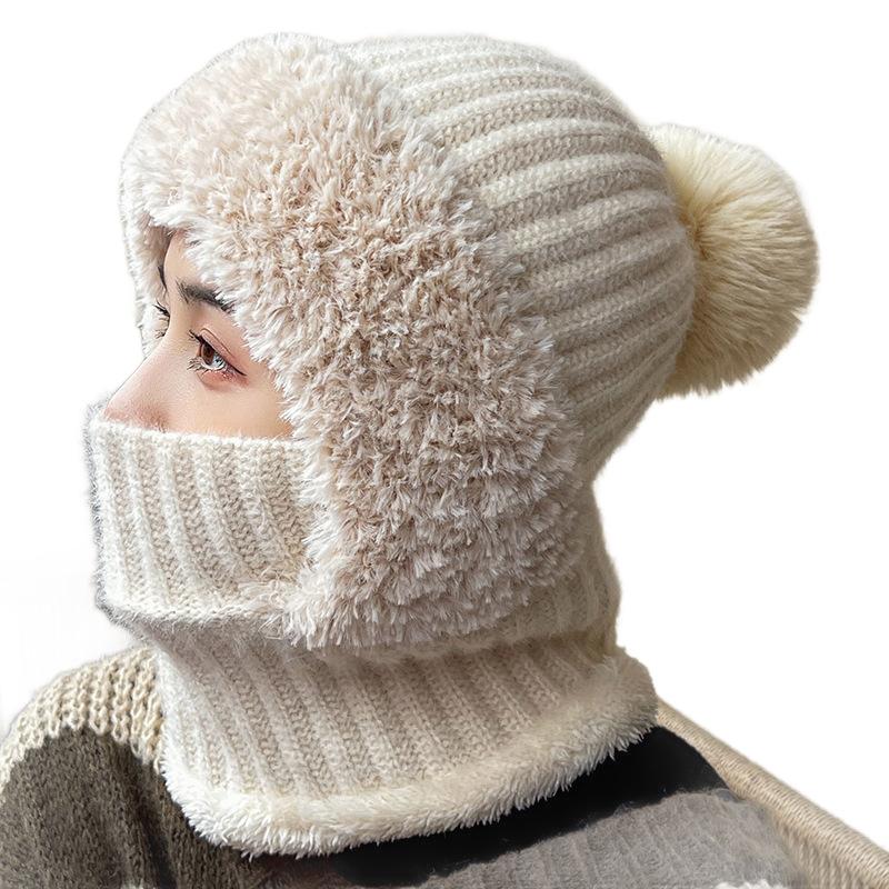 2-in-1 Women Winter Knitted Balaclava Hat Scarf Plush Fleece Lined Neck Warmer Windproof Outdoor Skiing Cycling Hooded Beanie
