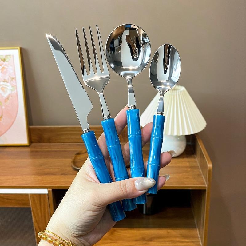304 Edelstahl Luxus Retro Perlmutt Bambusgriff Besteckset Hohe Ästhetik Westliches Essbesteck Gabel Löffel Geschirr Set4